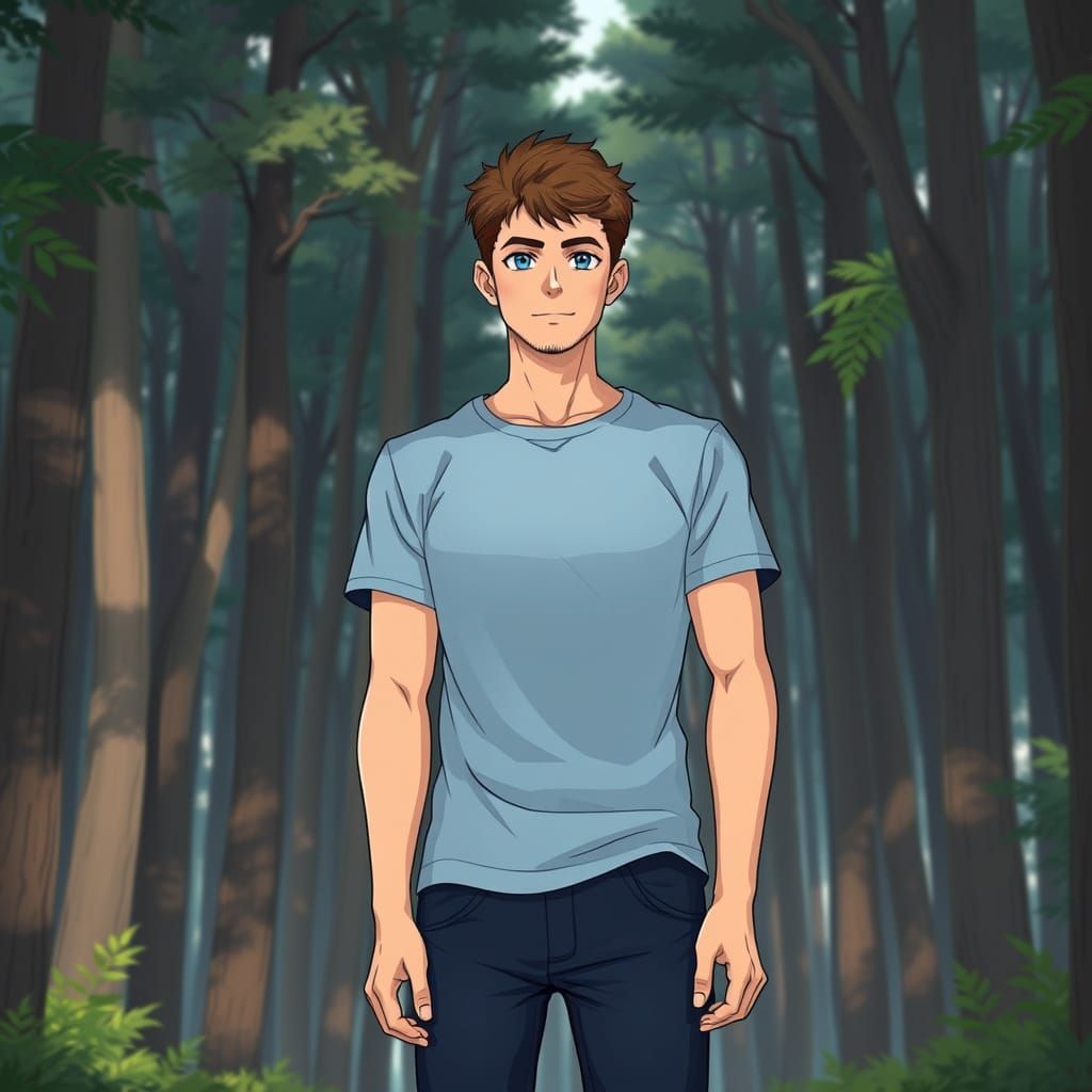 Tall Brown-Haired Hero Stands Alone in Forest Landscape