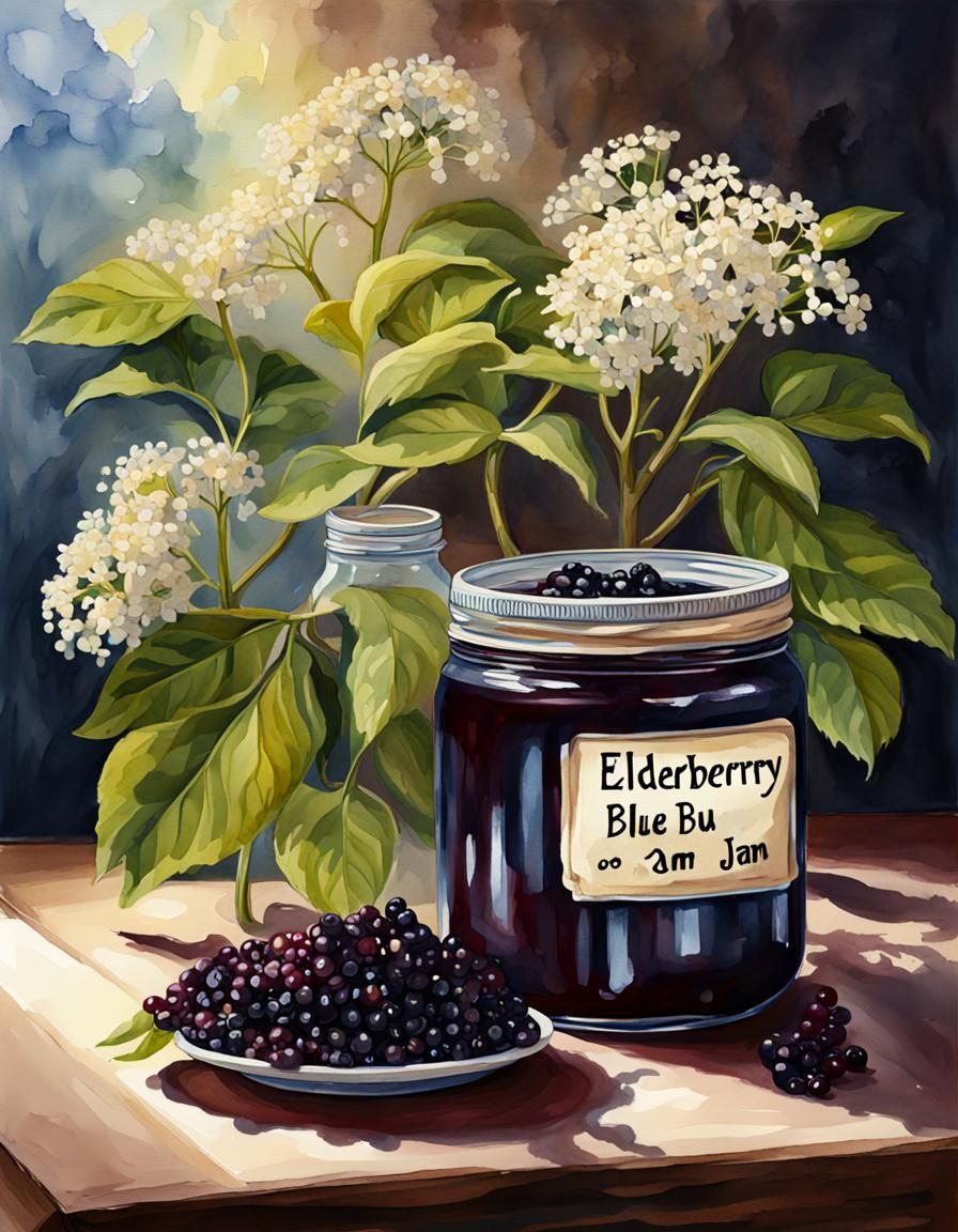 Elderberry Jam Still Life in Mixed Media