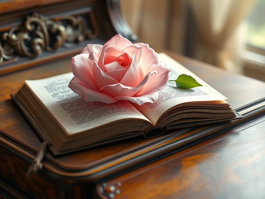 Pink Vellum Rose on Book on Antique Desk