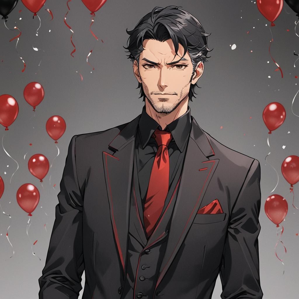 Anime Lucifer in Red Suit at High-Class Party