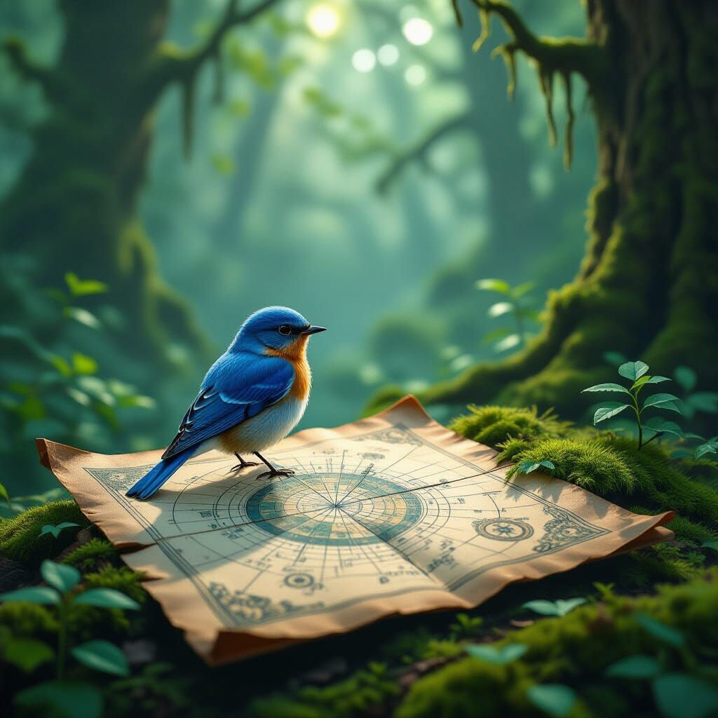 Bluebird on Old Map in Ancient Forest