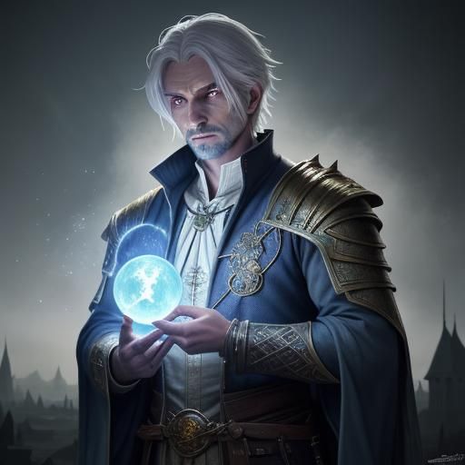Aasimar Sorcerer in Medieval City, Dark Fantasy Art