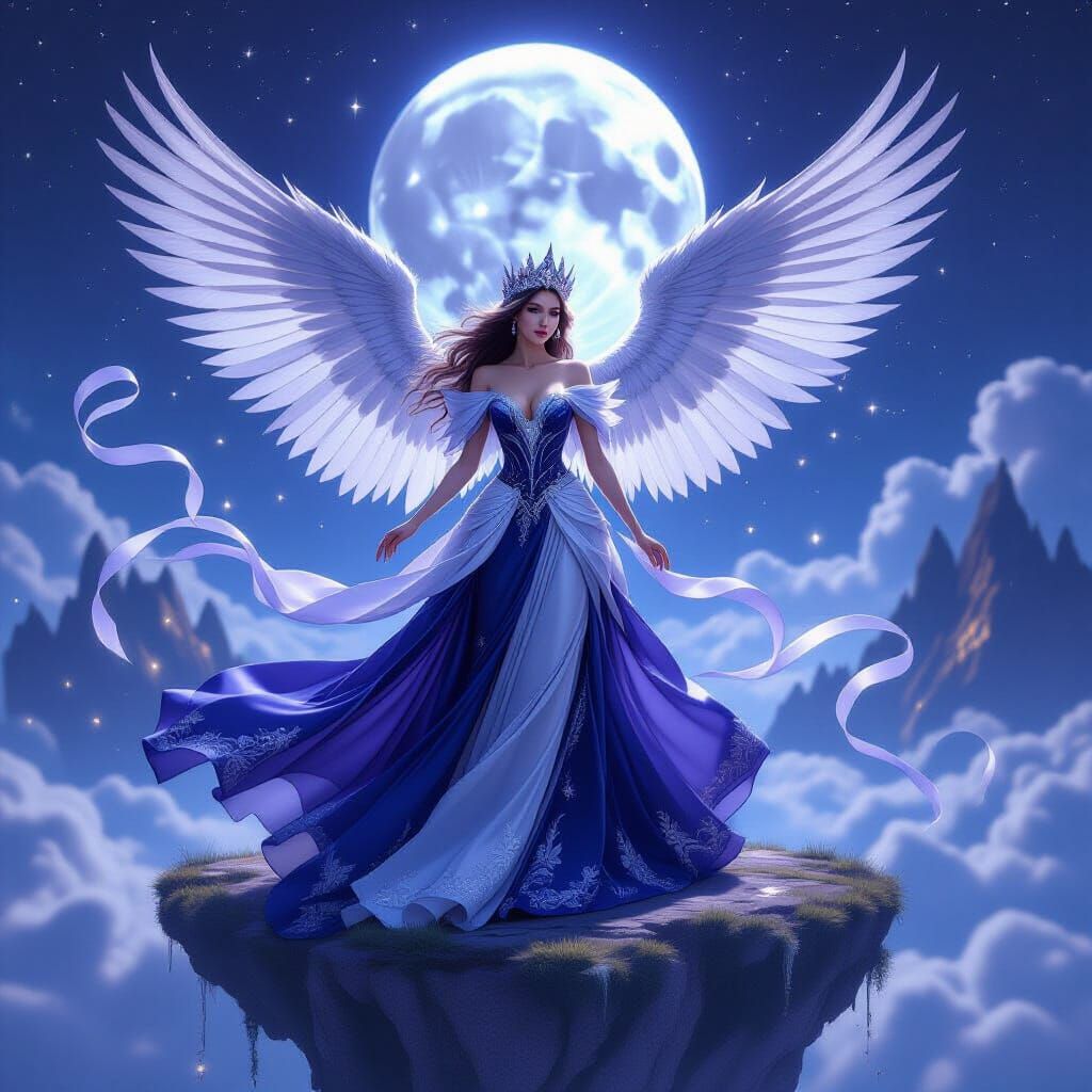 Fantasy Princess with Moon Accents and Feathered Wings