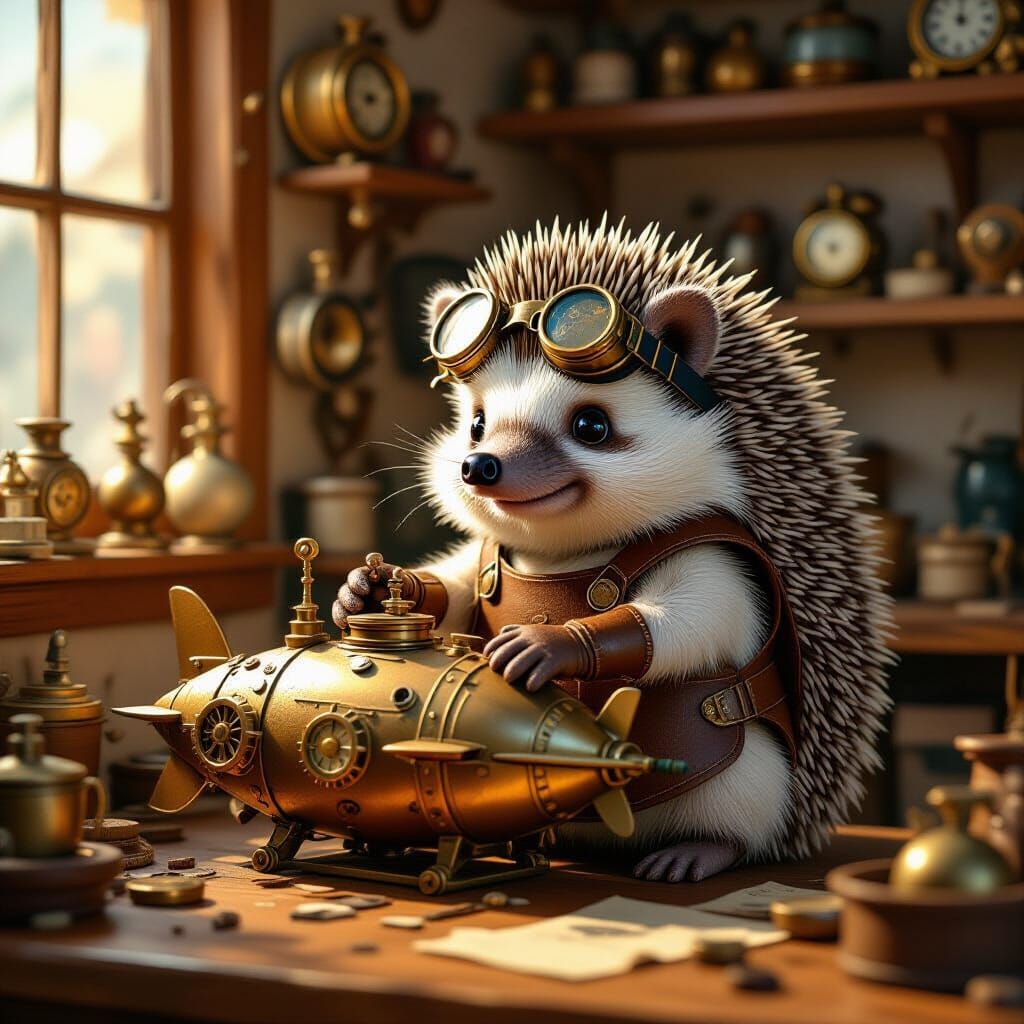 Steampunk Hedgehog Tinkers with Submarine, Digital Art