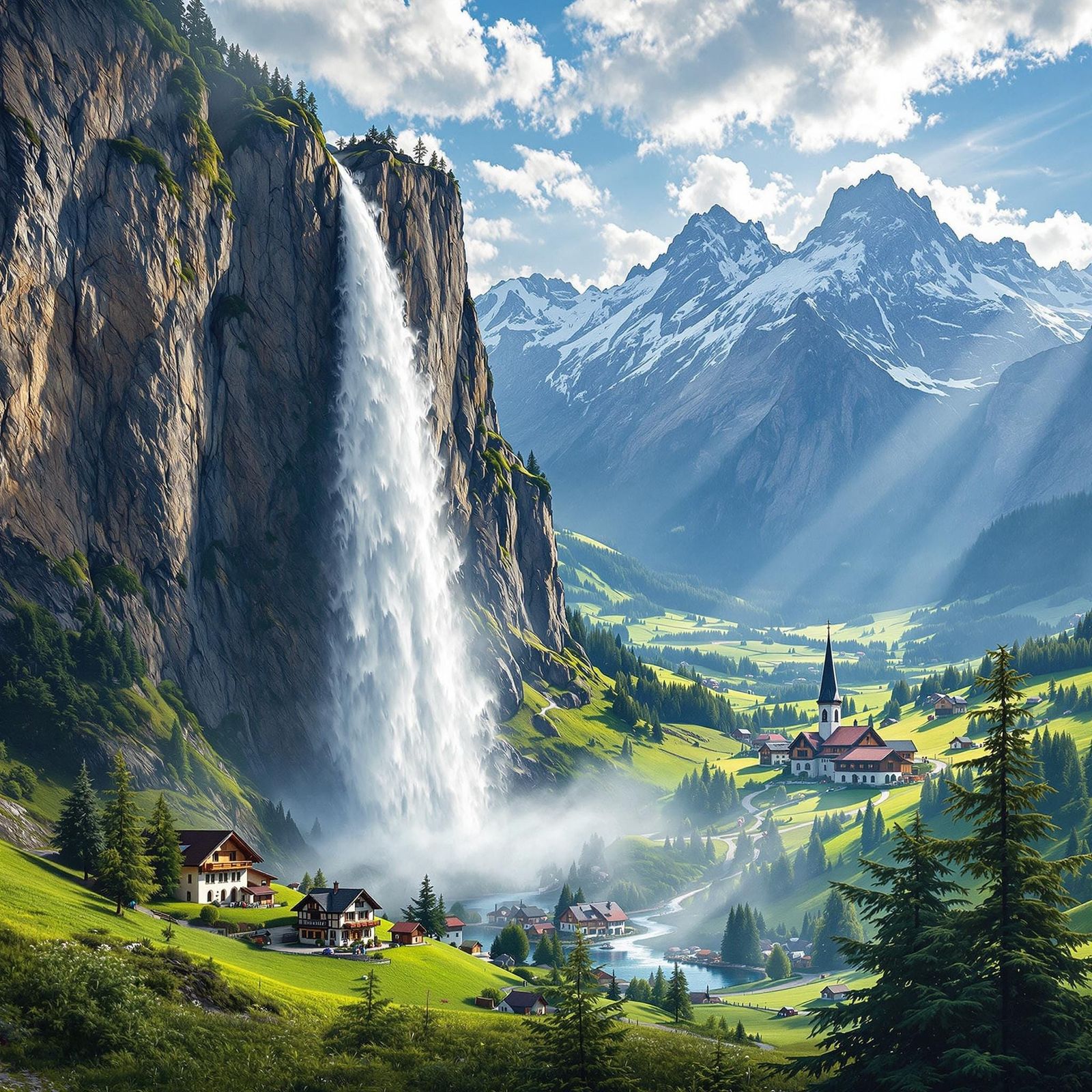 Breathtaking Alpine Waterfall in Traditional Swiss Landscape