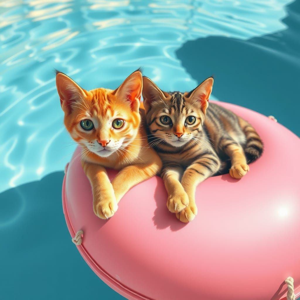 Cats on Pink Buoy: Dreamy Impressionist Art Deco Painting