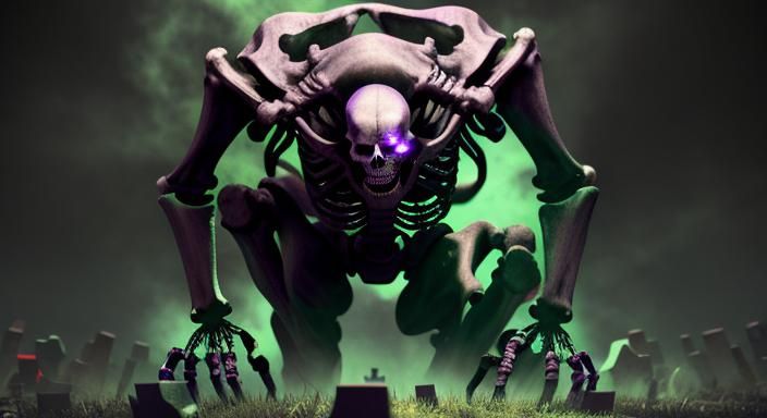 skeleton crawling out of  graveyard background depth with 10...