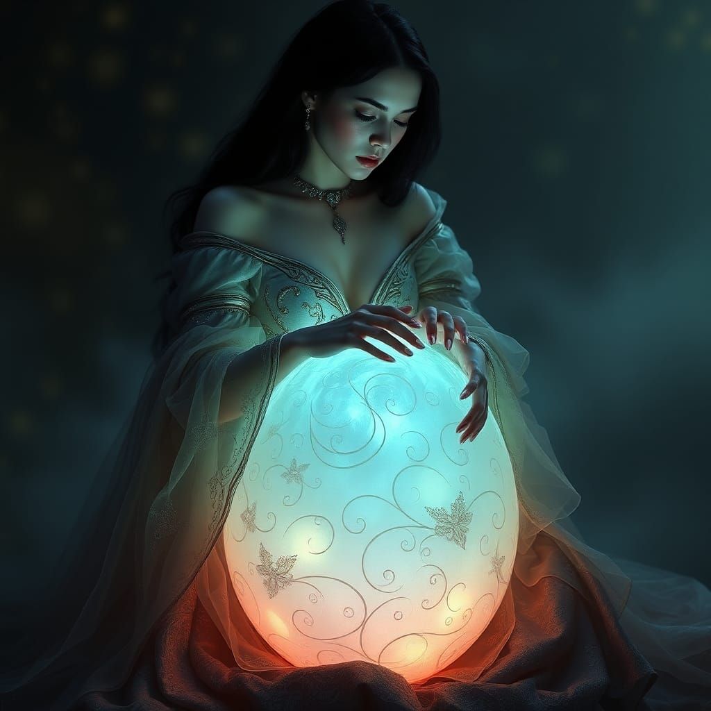 Woman on Crystalline Egg in Surreal Style