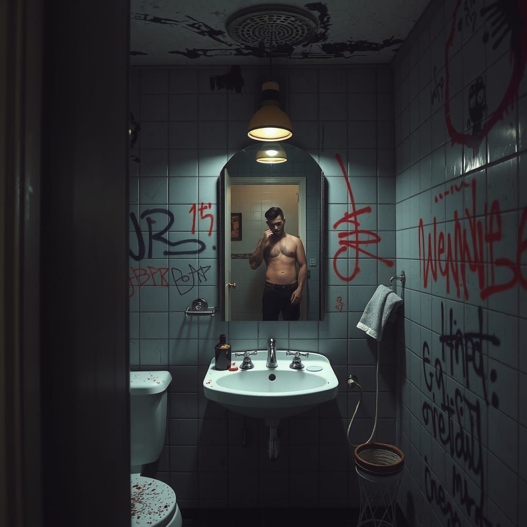 Gritty Bathroom Rebel Looks in the Mirror