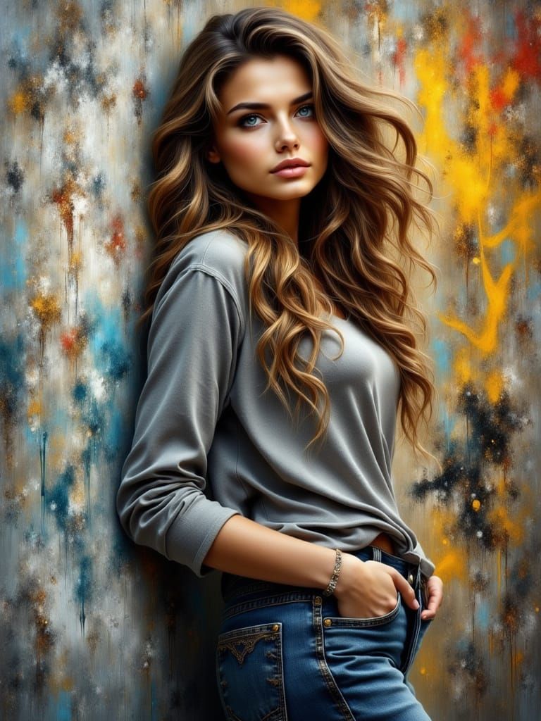 Woman Leaning on Graffiti Wall as Oil Painting