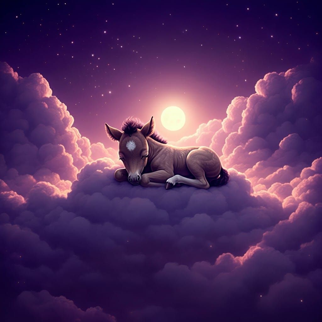 Foal Asleep on Cloud in Starry Night