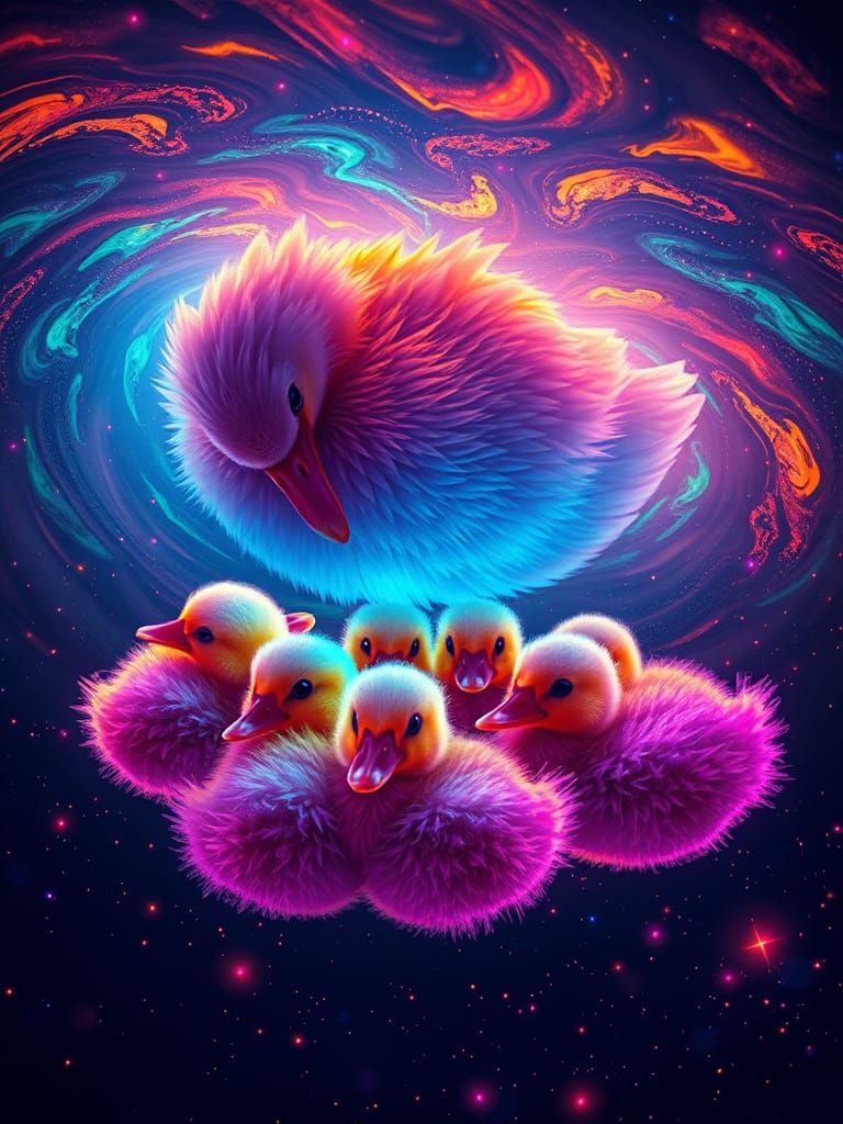 Neon Ducklings in Swirling Storm, Psychedelic Art