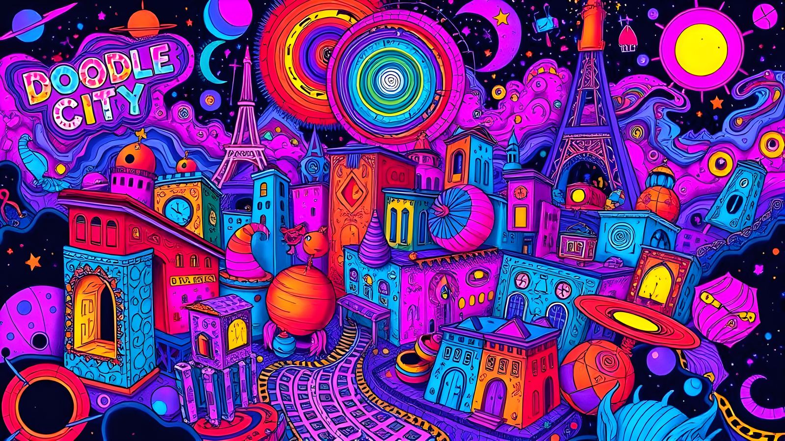 Psychedelic Doodle City in Cosmic Swirls
