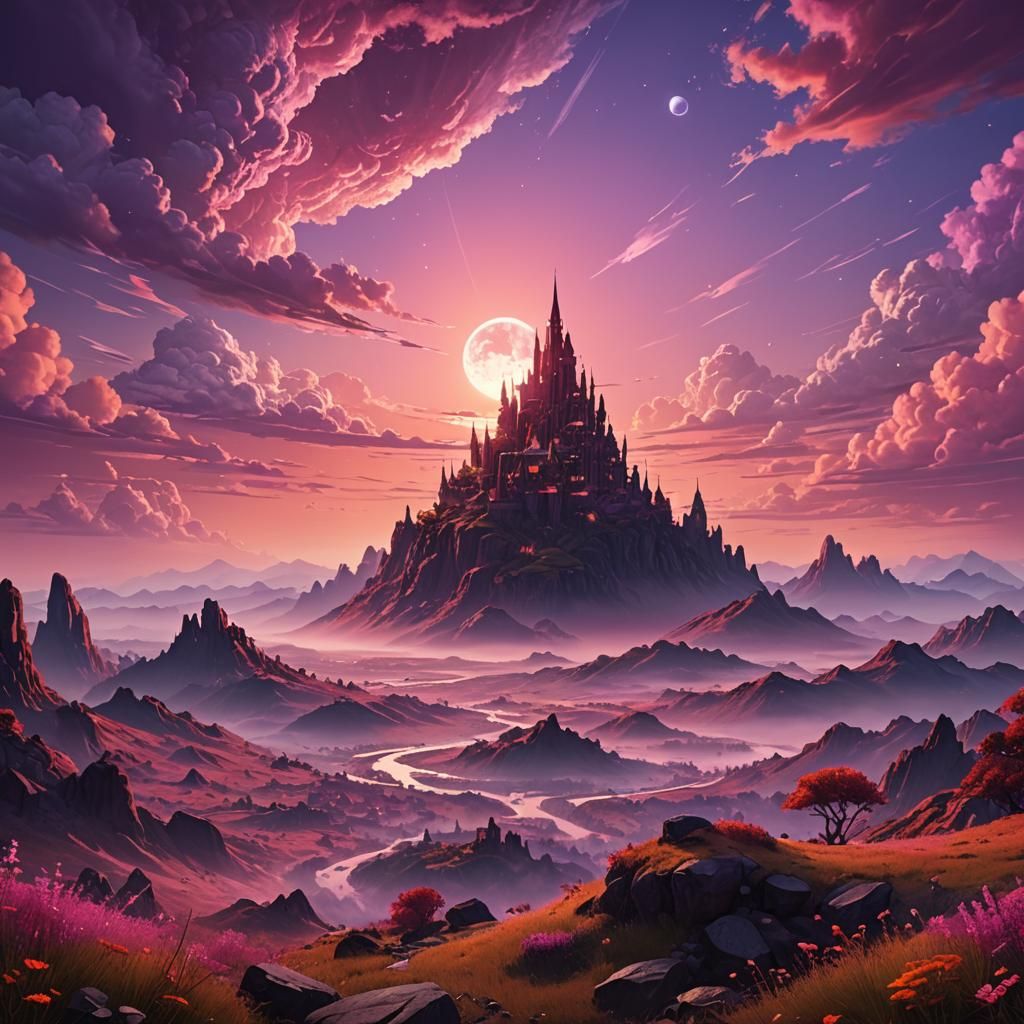 Colorful Sunrise Over Castle: Fantasy Concept Art