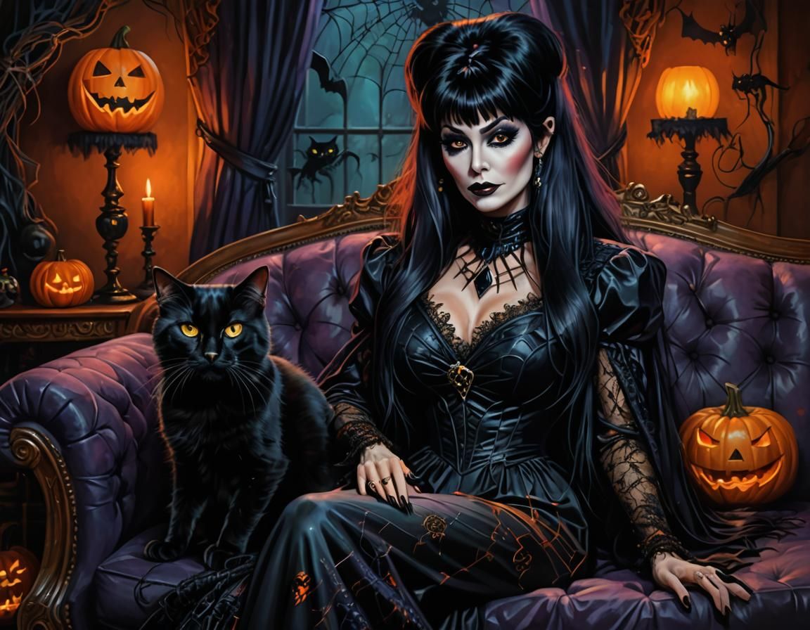 Elvira Portrait with Halloween Pillow in Digital Art Style