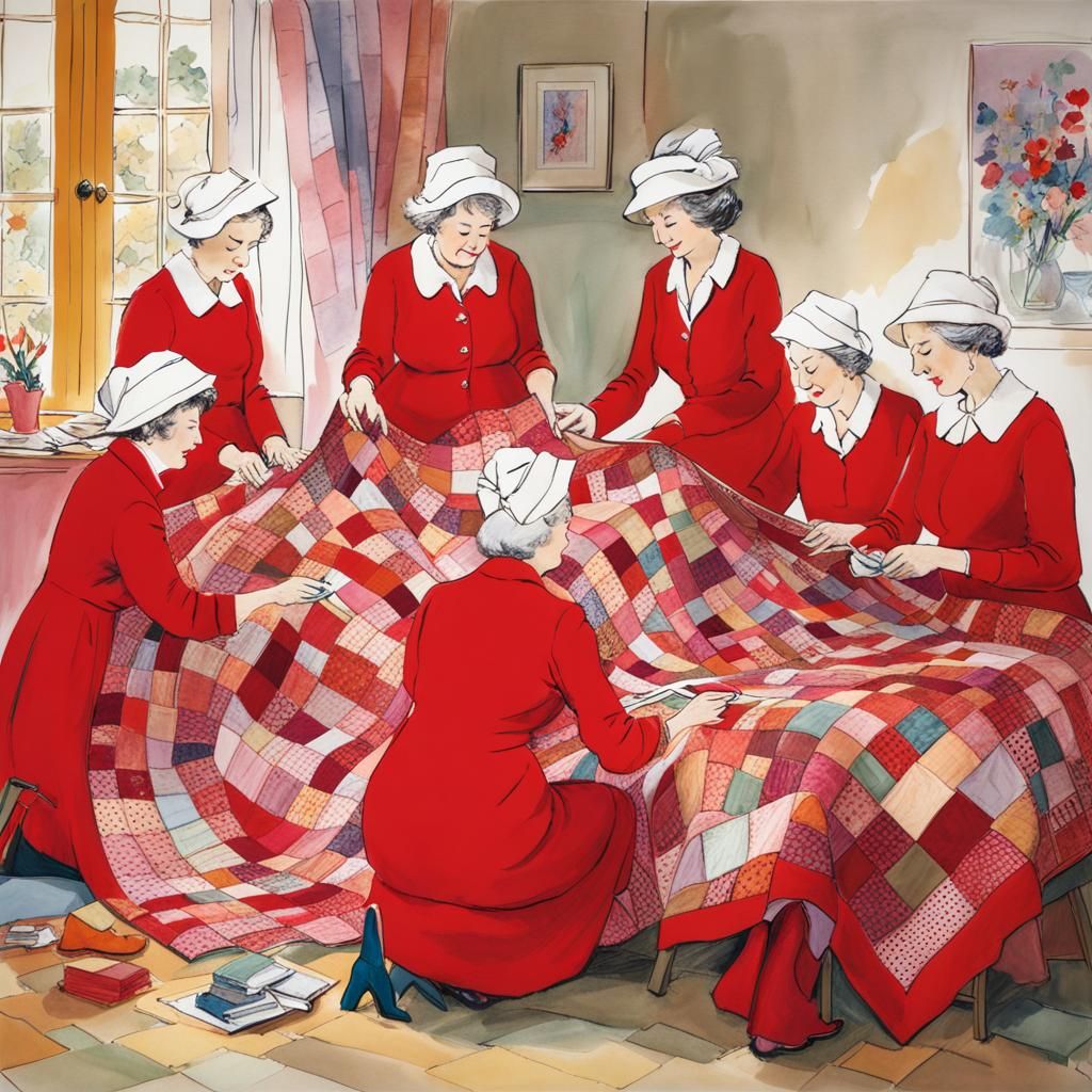 Ladies in Red Making a Quilt