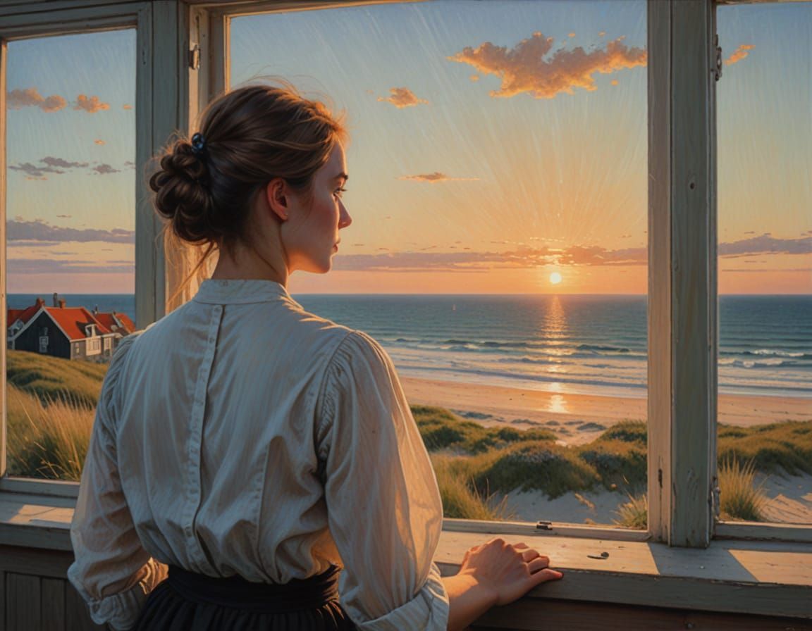 Girl Gazing at Sunset, Oil Painting Style