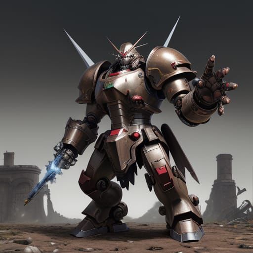 Grotesque Knight-Mecha Hybrid with Crimson and Gold Armor