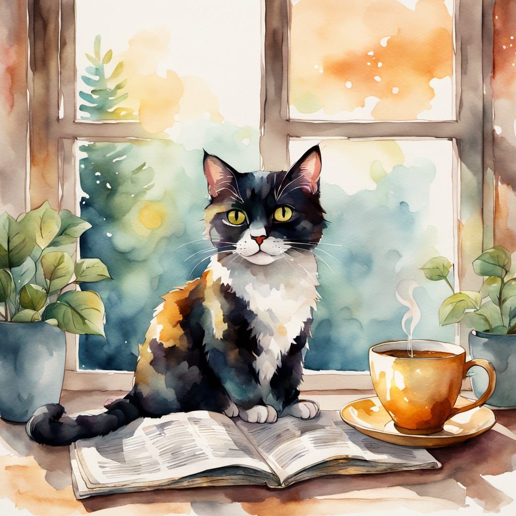 Cozy Cat Reading Newspaper in Watercolor Style
