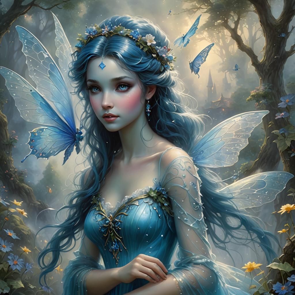 Ethereal Blue Fairy in a Hyperdetailed Fantasy Scene