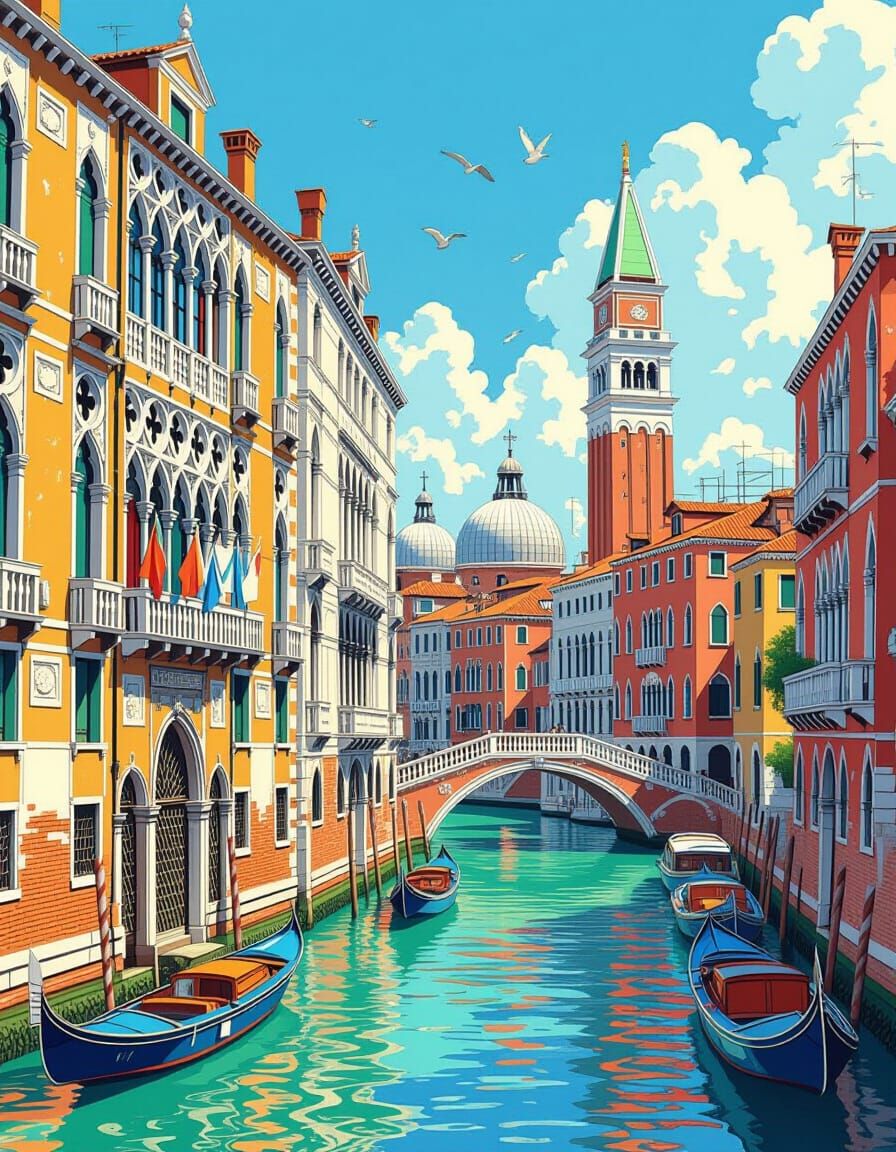 Venice Landmarks in Hyperrealistic Ink Illustration