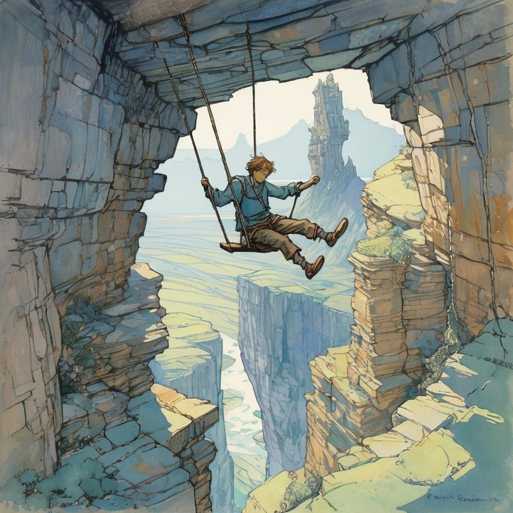 Adventurer's Perilous Canyon Crossing: Painterly Style