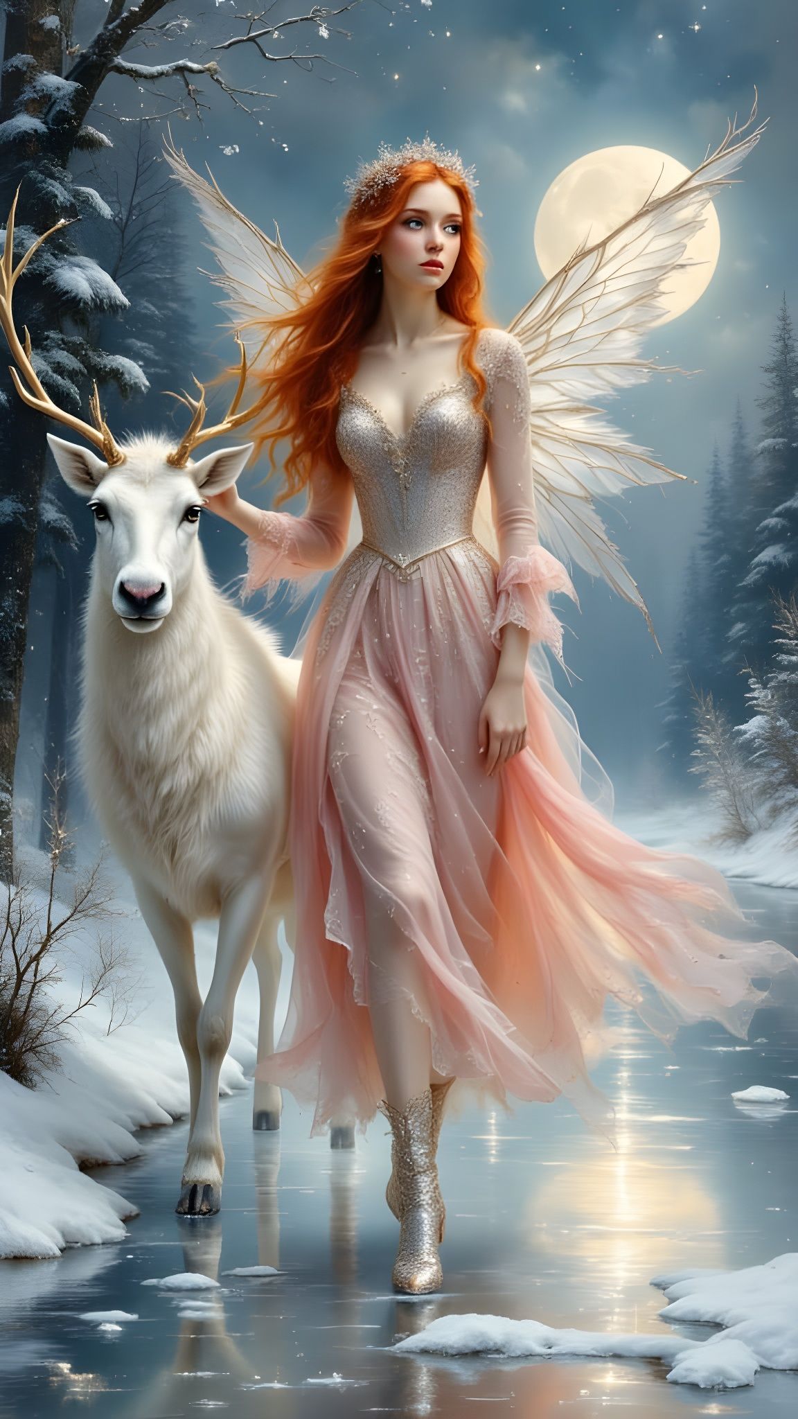 Ethereal Woman with Reindeer Under Moonlit Sky