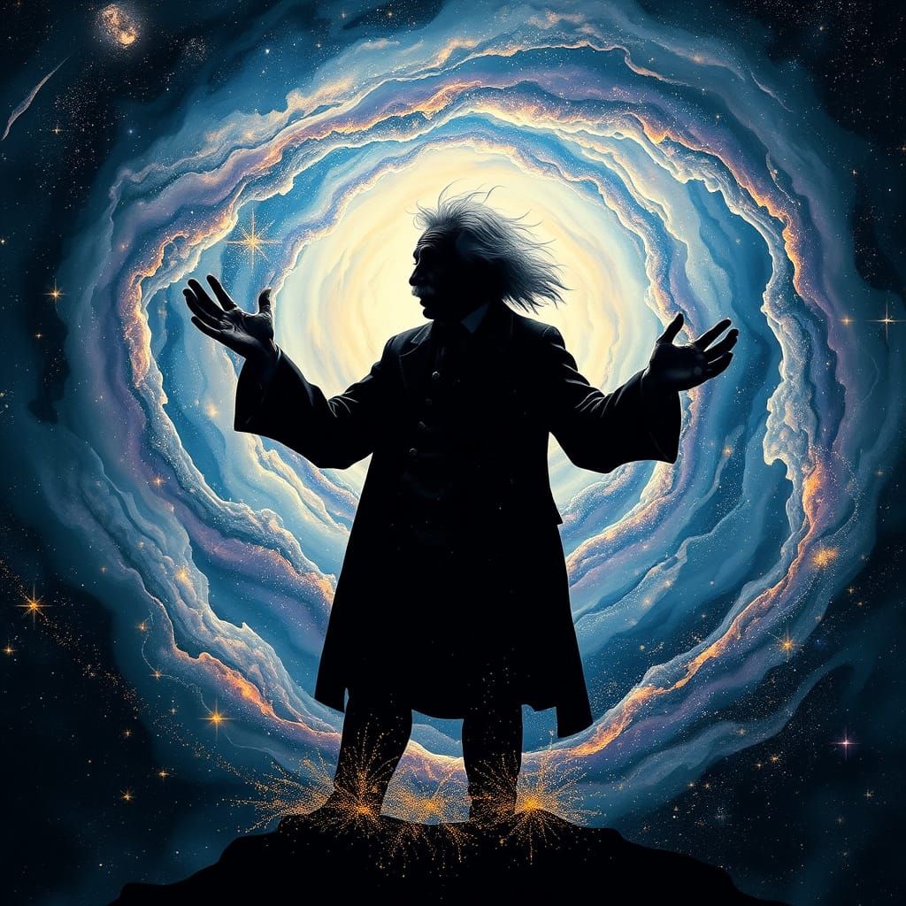 Einstein as Cosmic Guardian in Visionary Art Style