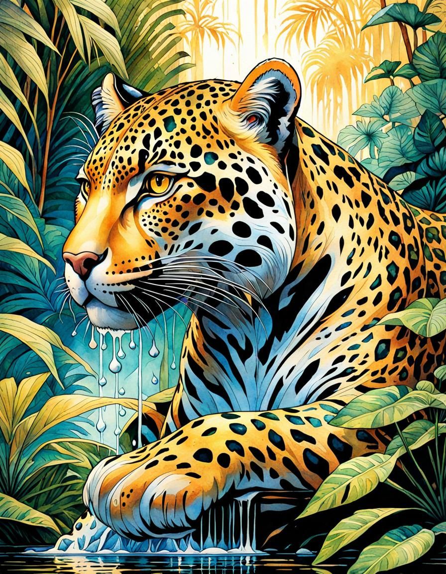 Docile Jaguar in Jungle, Watercolor Comic Book Style