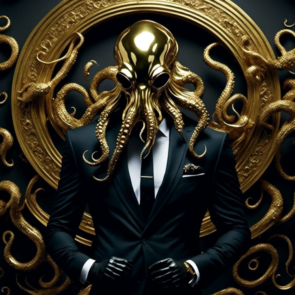 Golden Octopus Masked Figure in Dark Suit