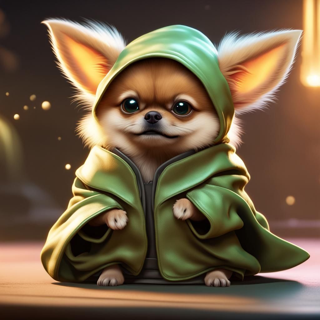 Pomeranian as Baby Yoda: Detailed Digital Art
