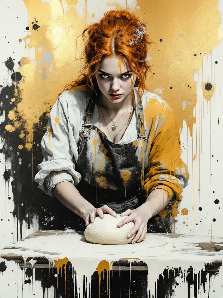 Redhead Baker in Kitchen, Flour Drifts Like Cherry Blossoms