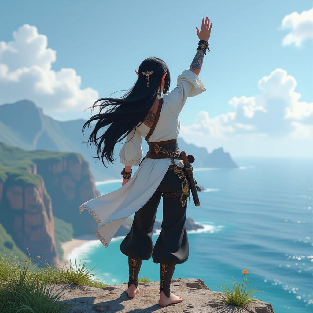 Elf Woman Stands on Cliff at Sunrise