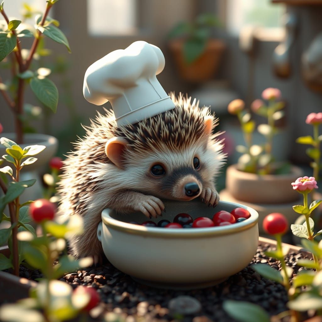 Whimsical Hedgehog Chef in Miniature Garden
