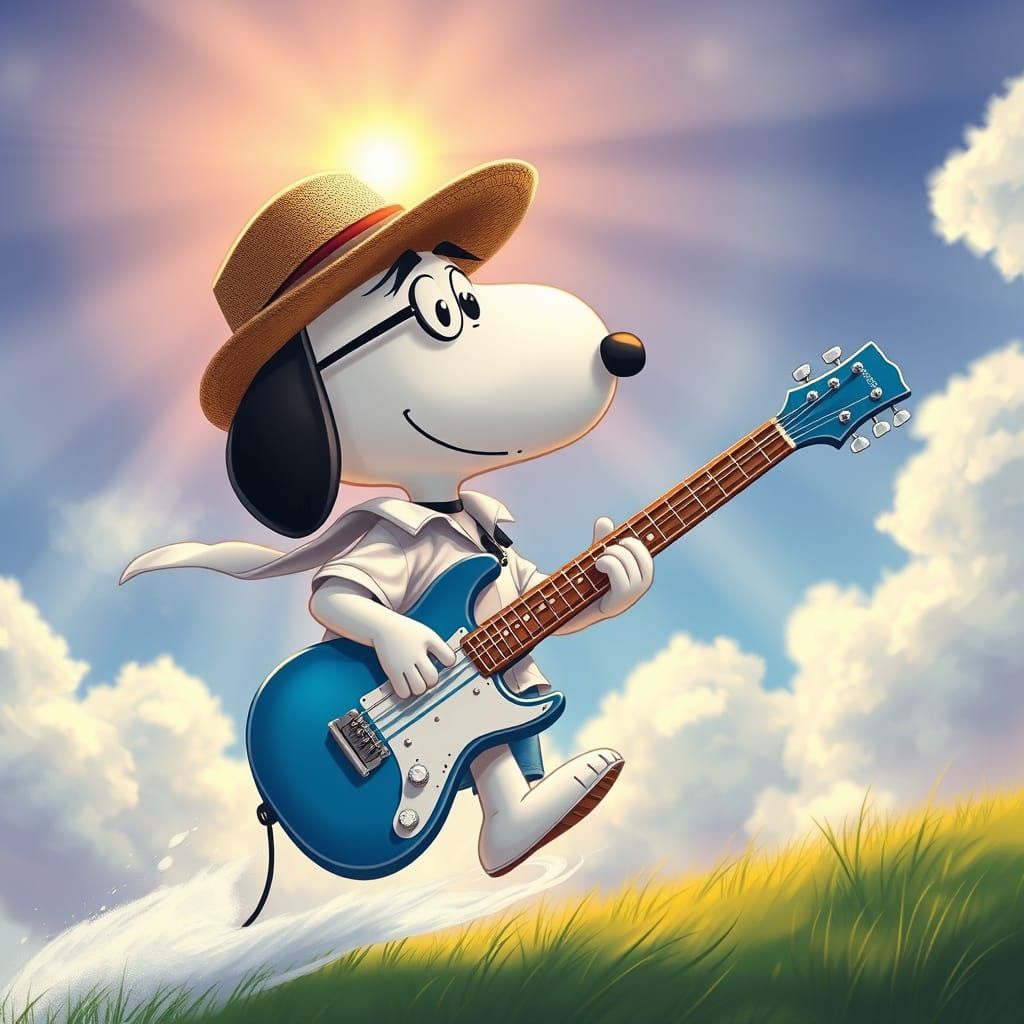Snoopy's Surreal Guitar Ride in Dreamlike Style