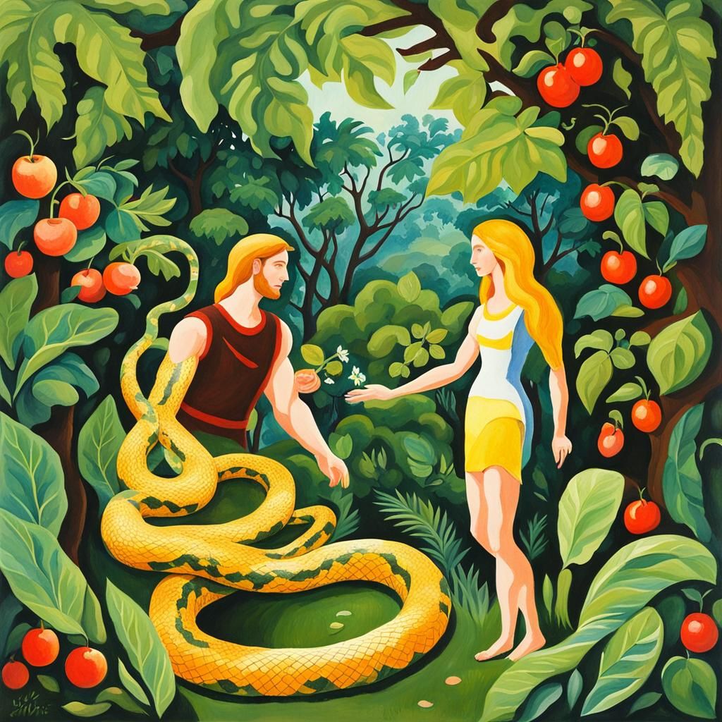 Adam and Eve: Gouache Painting in Eden