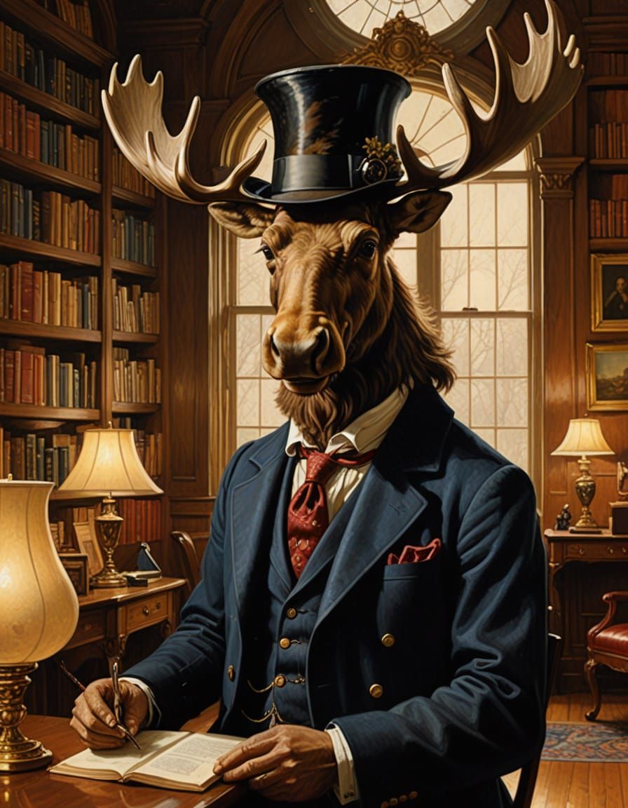 Majestic Moose in Grand Library Oil Painting