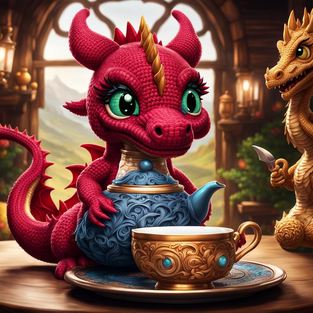 Chibi Crochet Dragon Tea Party in Fantasy Tavern