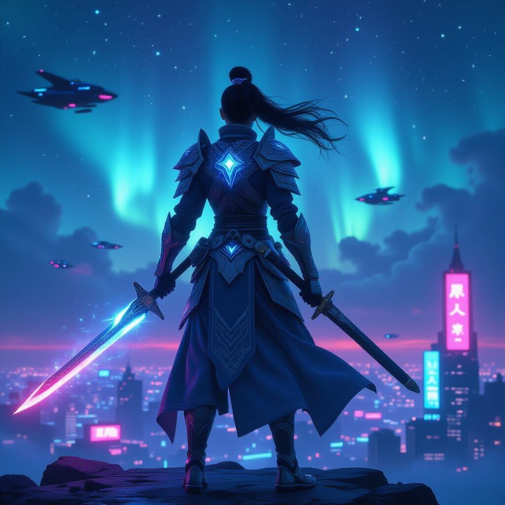 Celestial Warrior Over Cyberpunk City in Anime Style