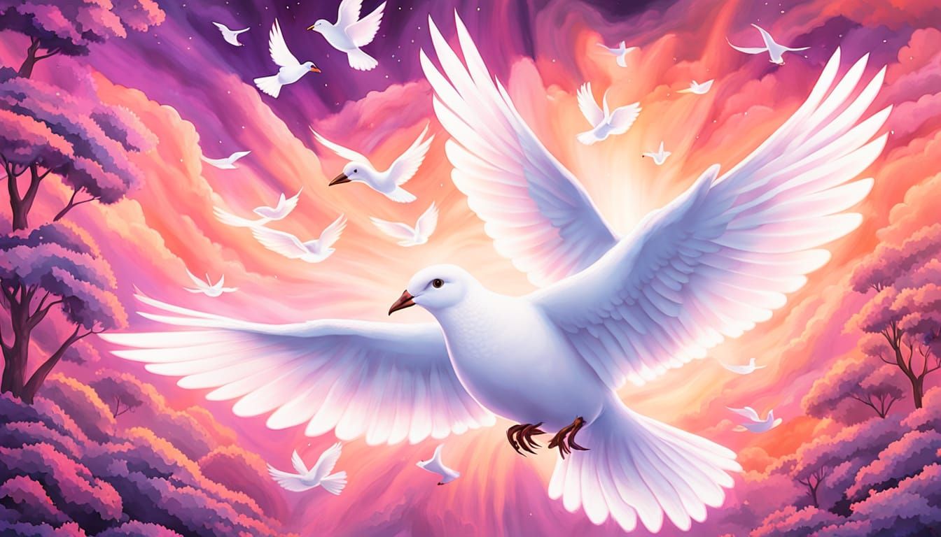 Ethereal Doves Unite in Vibrant Sunset Harmony