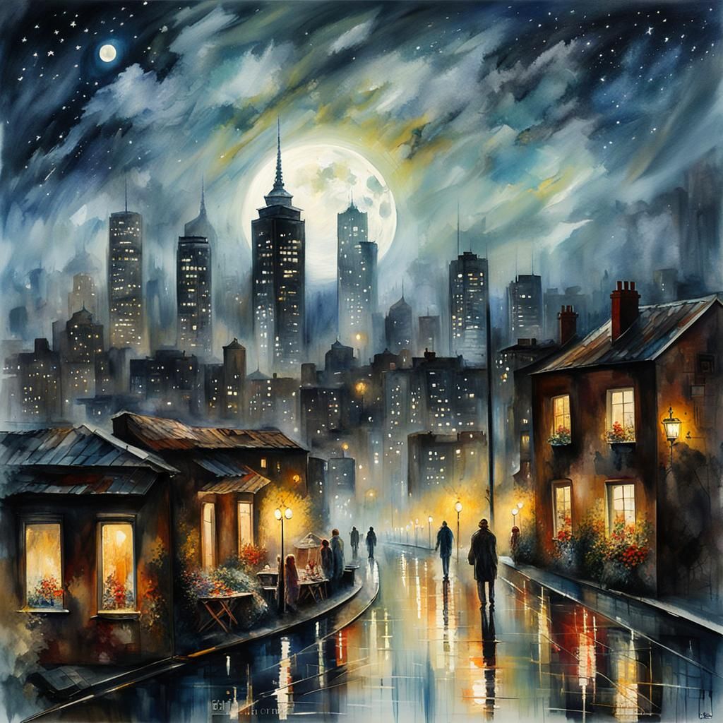 Melancholic Cityscape Under Stars: Neo-Impressionist Aquarel...