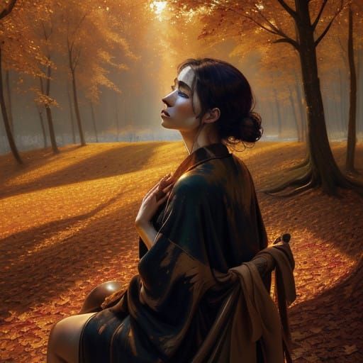 A Contemplative Woman Surrounded by Falling Leaves in a Gold...