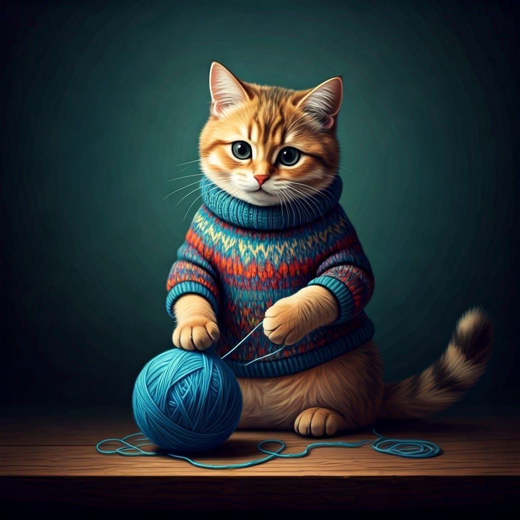 Hyperrealistic Cat with Yarn in Dreamlike Art
