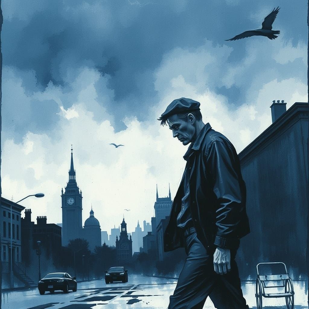 Melancholic Man in Monochrome Cityscape with Blue Aura