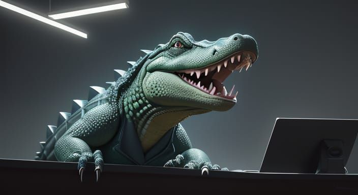 Pixar-Style Alligator Lawyer in Modern Office