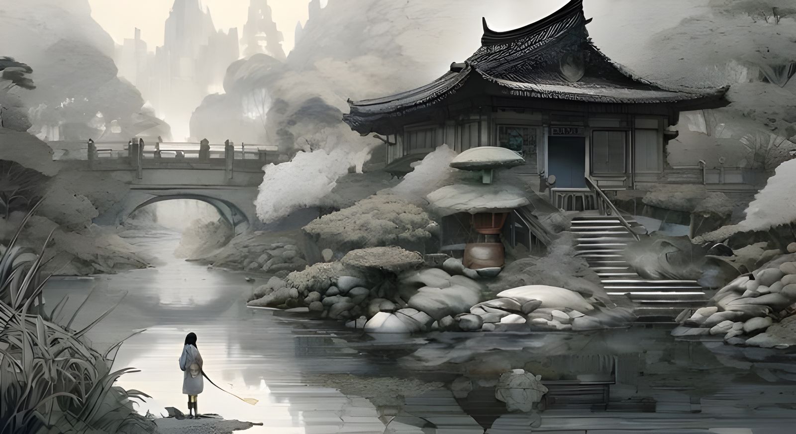 Surreal River Scene with Diverse Artistic Influences