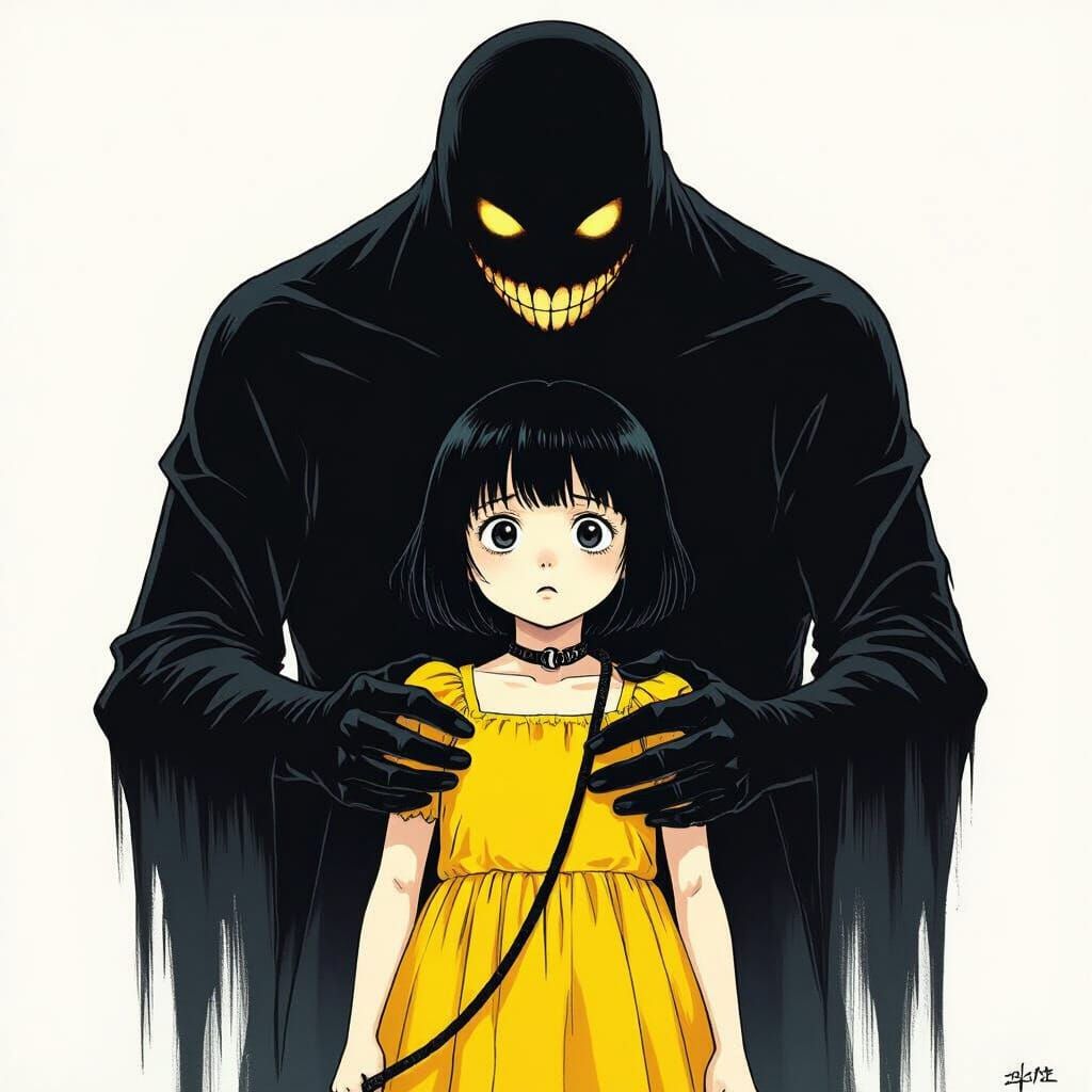 Eerie Anime: Girl with Leash in High Contrast Style