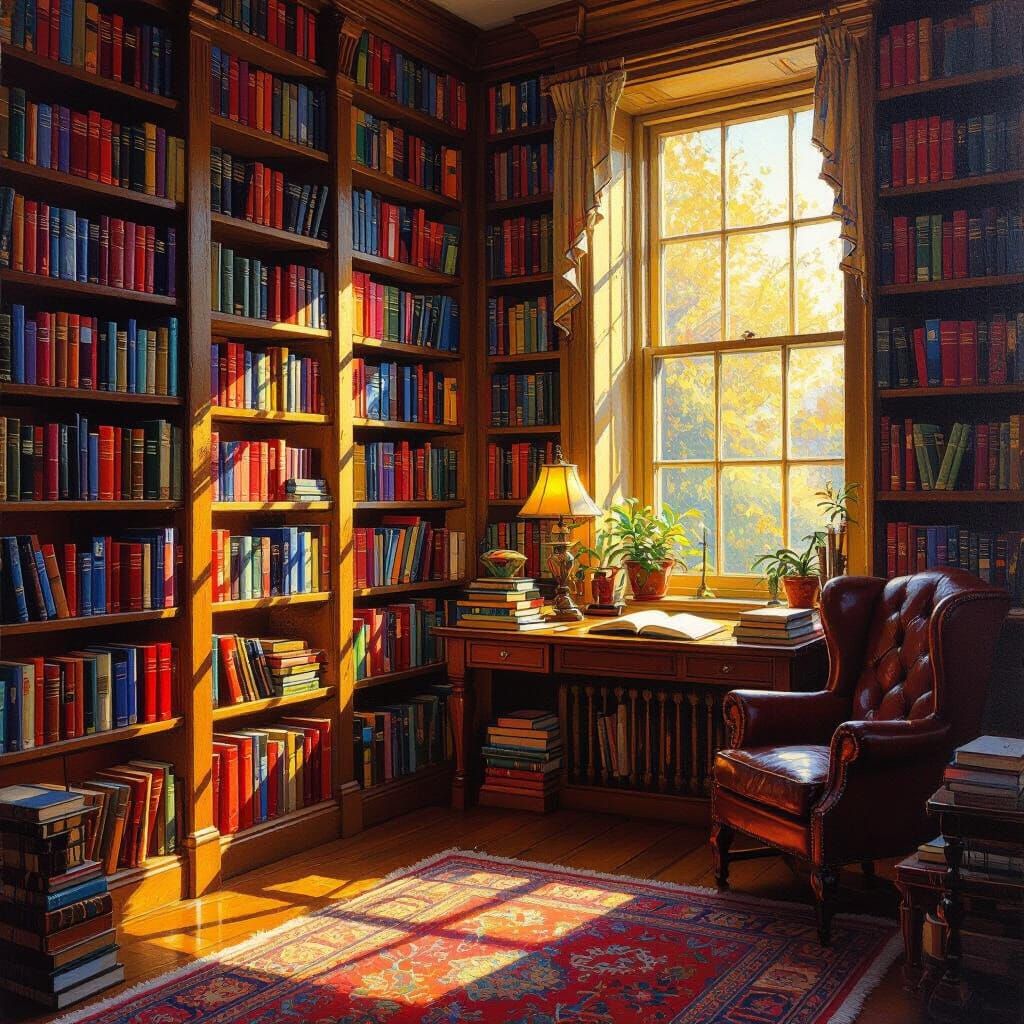 Cozy Home Library Interior Oil Painting
