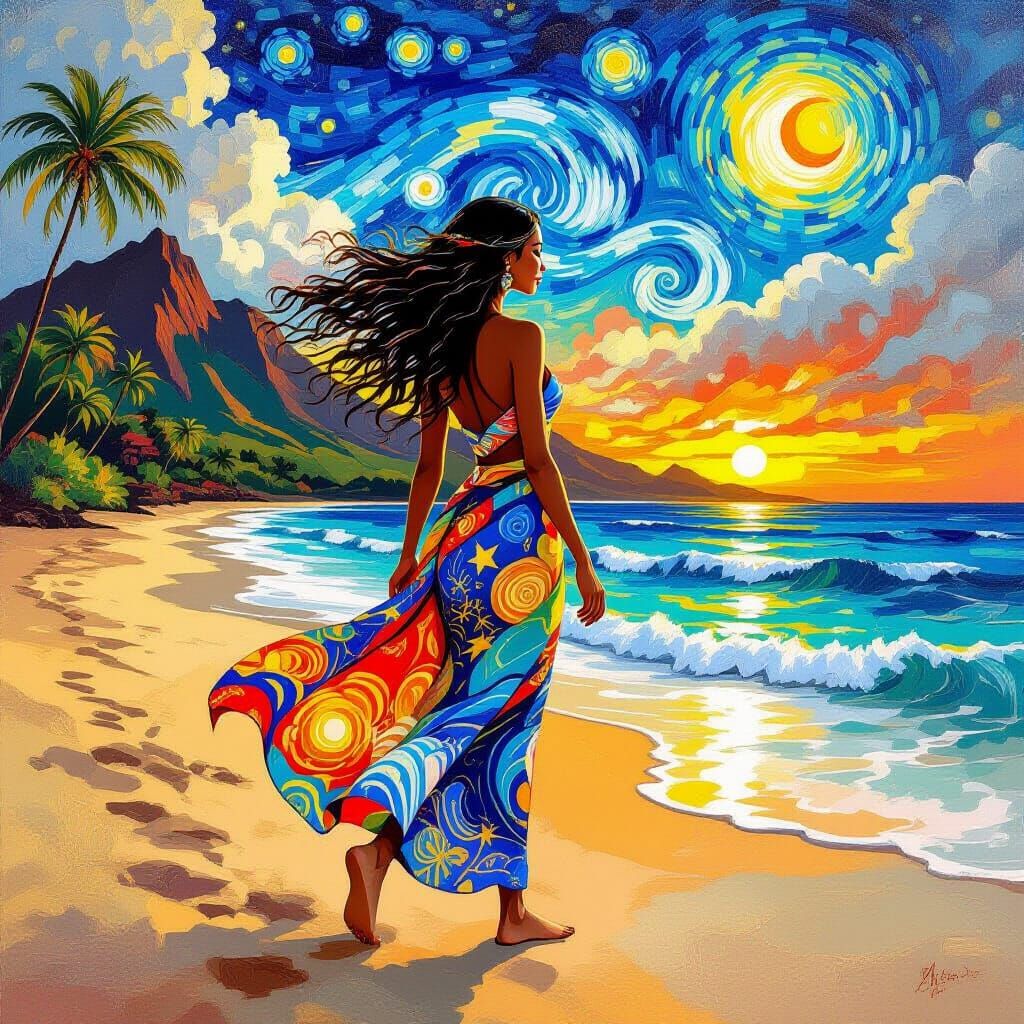 Hawaiian Goddess on Sunset Beach in Vibrant Style