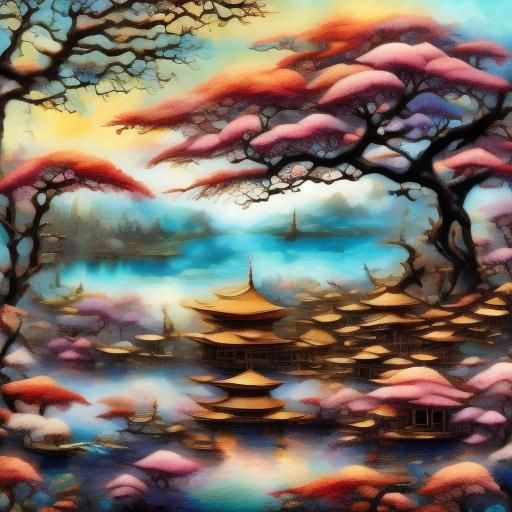 Surreal Japanese Landscape with Pagoda in Folk Style